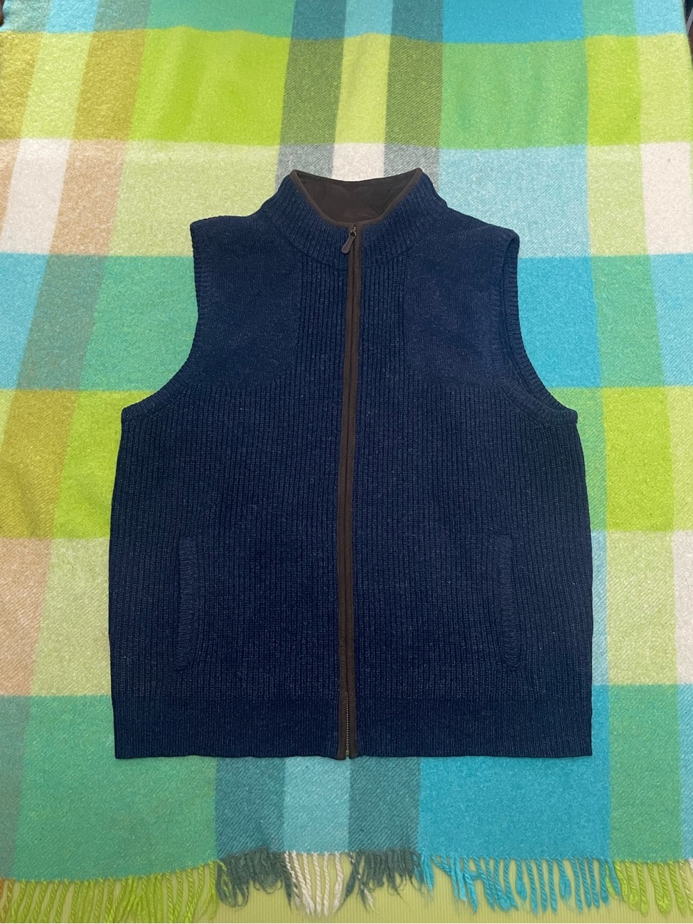 L.L.Bean Merino Lambs Wool Sweater Vest Blue Waterfowl Full Zip Men's